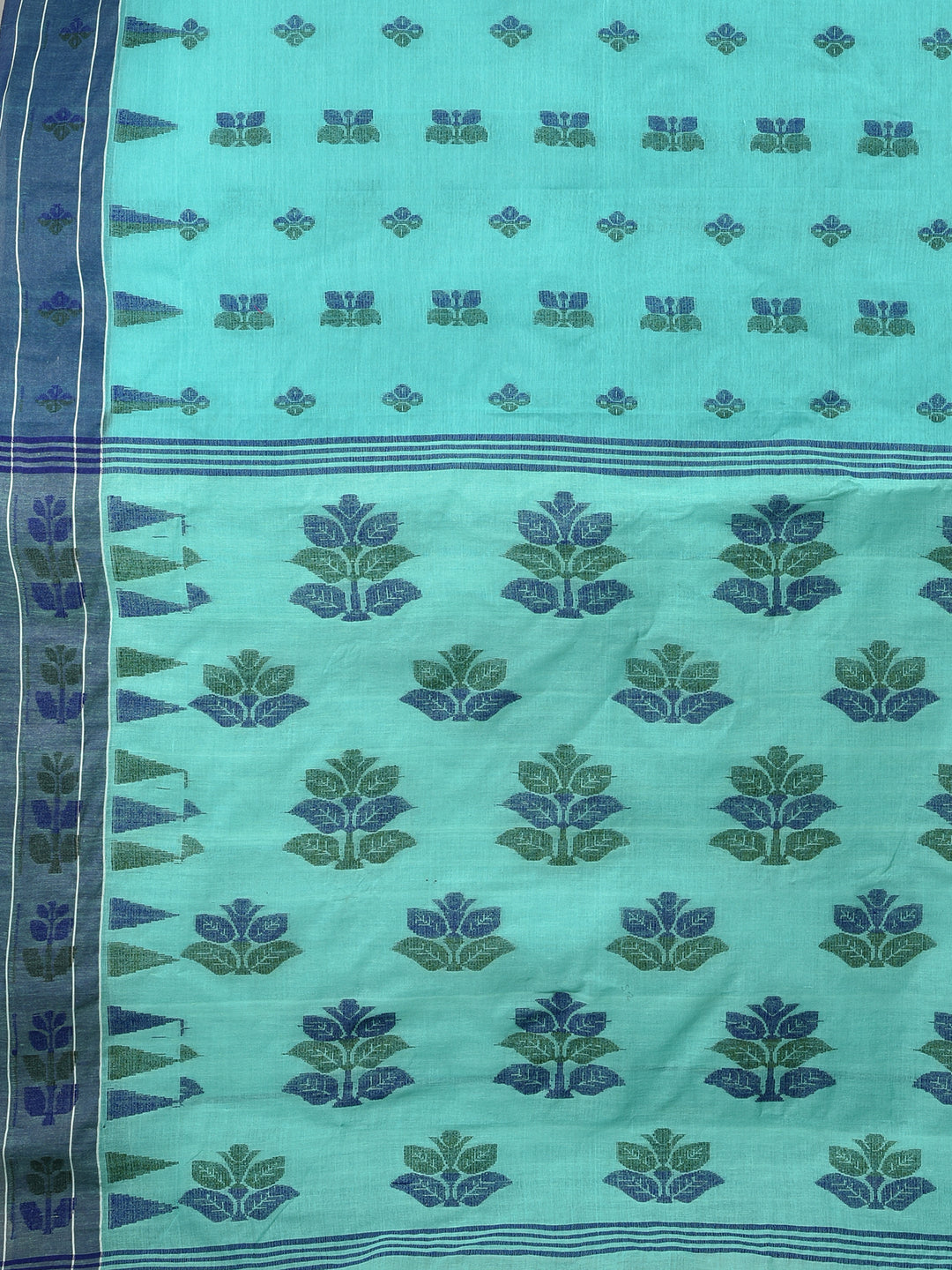 Women's Sea Green Pure Cotton Hand Woven Jamdani Buti Tant Saree-Sajasajo