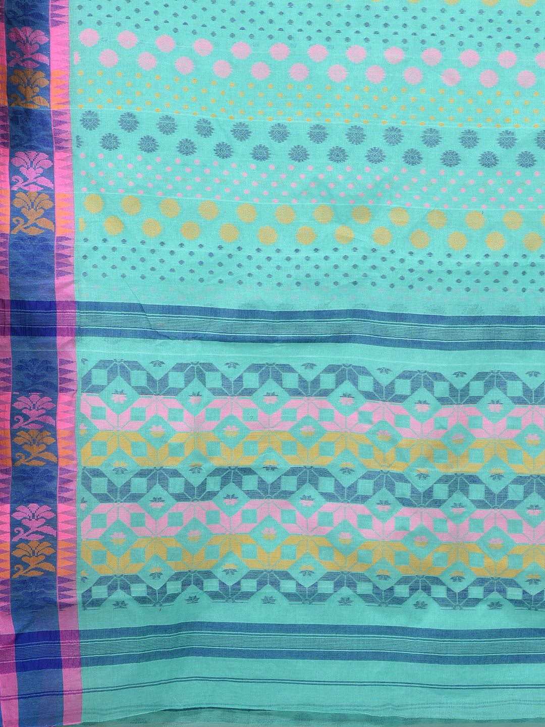 Women's Sea Green Pure Cotton Hand Woven Jamdani Buti Tant Saree-Sajasajo