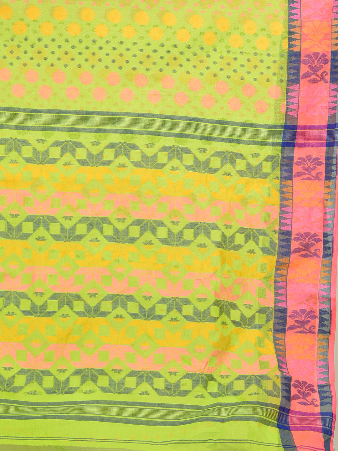 Women's Parrot Green Pure Cotton Hand Woven Jamdani Buti Tant Saree-Sajasajo