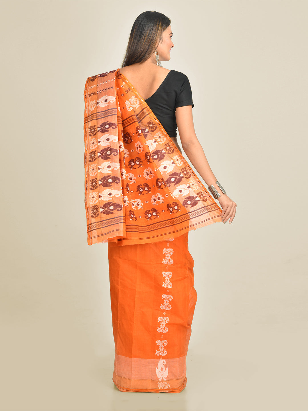 Women's Musturd Pure Cotton hand woven jamdani saree with starch - Sajasajo