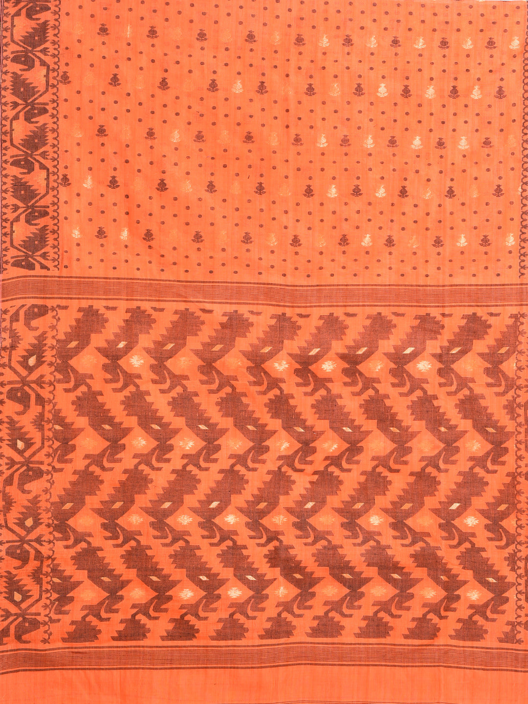 Women's Deep Peach Pure Cotton hand woven jamdani saree with starch - Sajasajo