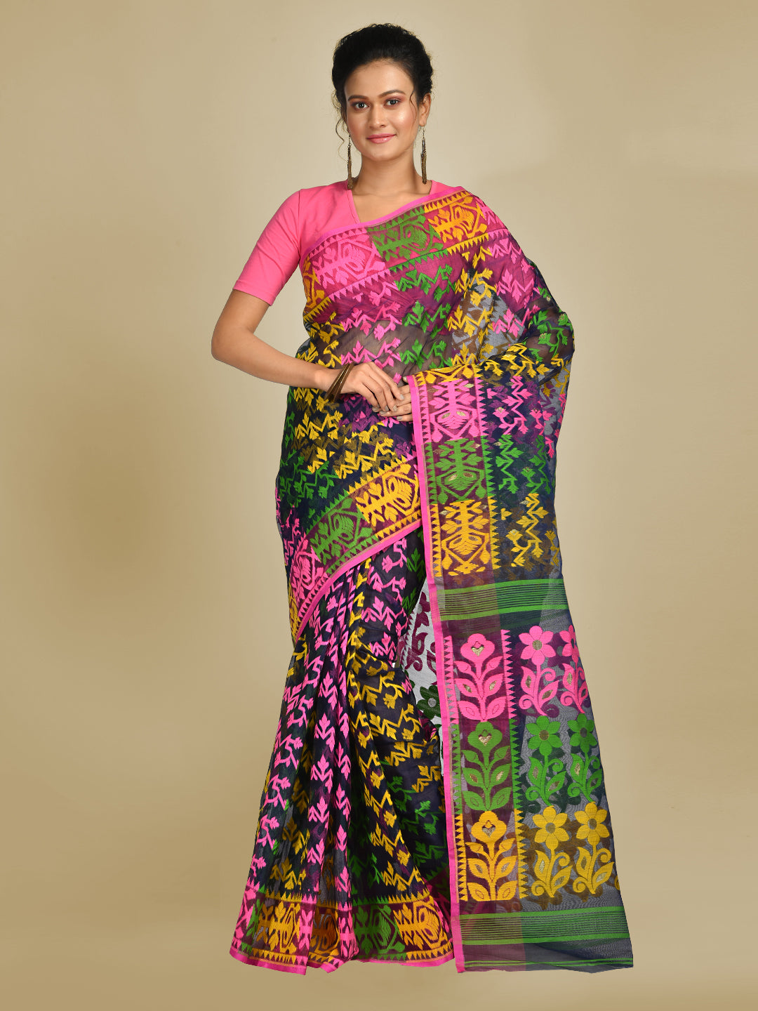 Women's Multicolor Art Silk Cotton Blended Jamdani saree with starch - Sajasajo