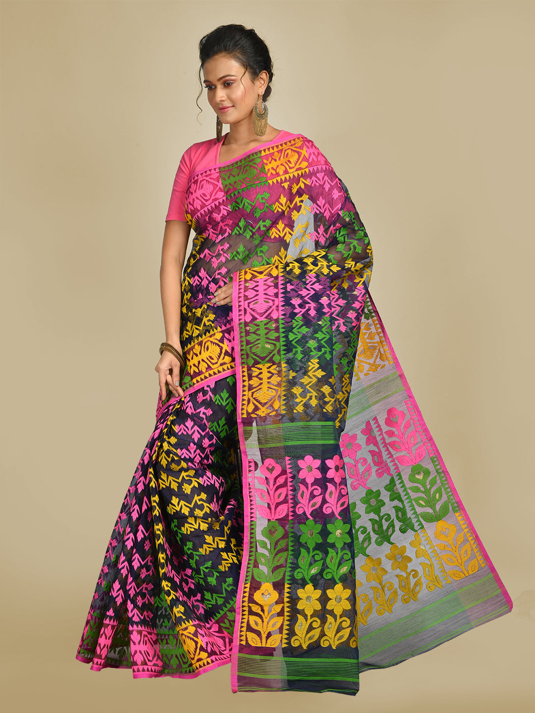 Women's Multicolor Art Silk Cotton Blended Jamdani saree with starch - Sajasajo