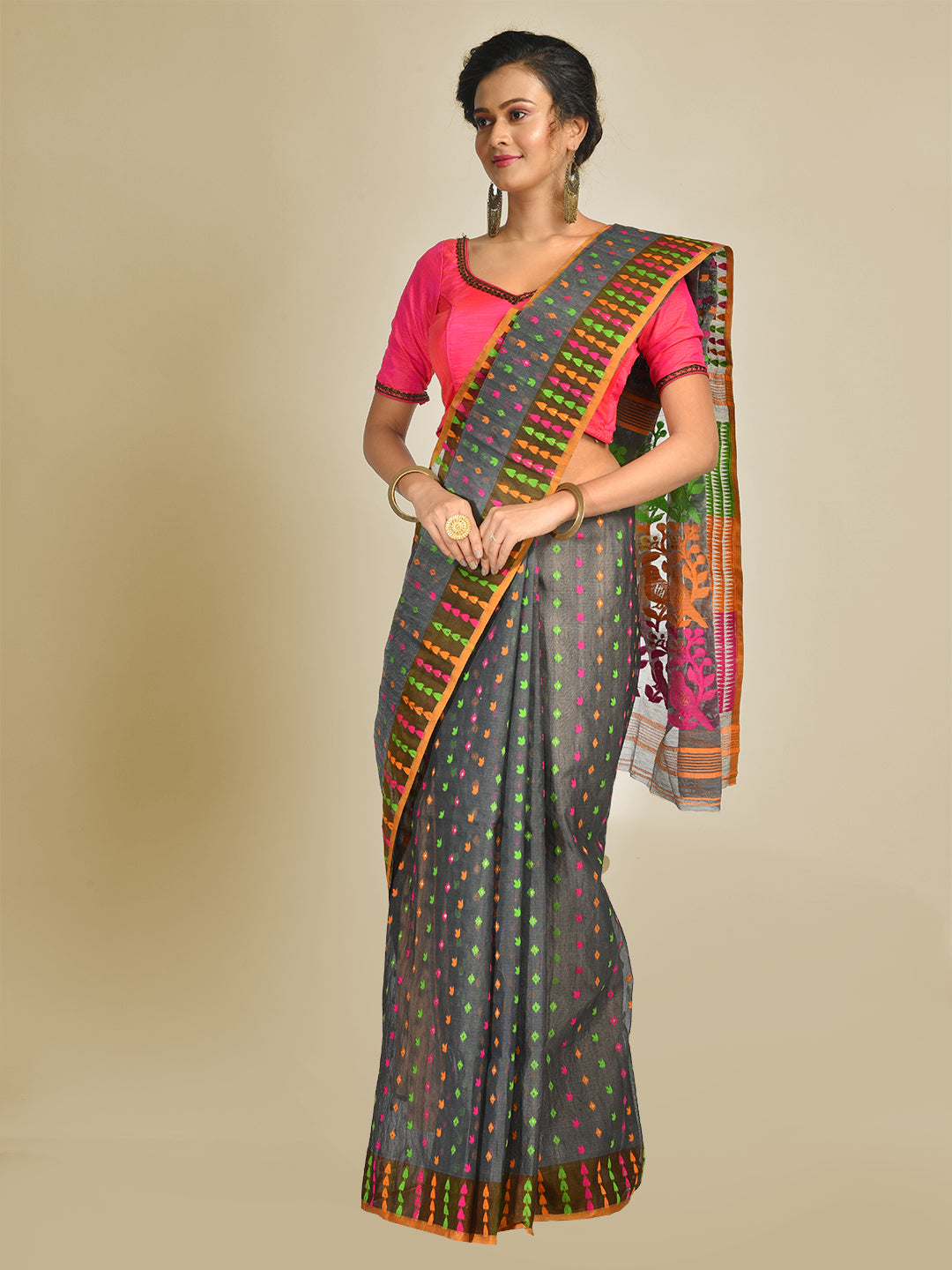Women's Grey And Multicolor Art Silk Cotton Jamdani Saree With Starch-Sajasajo