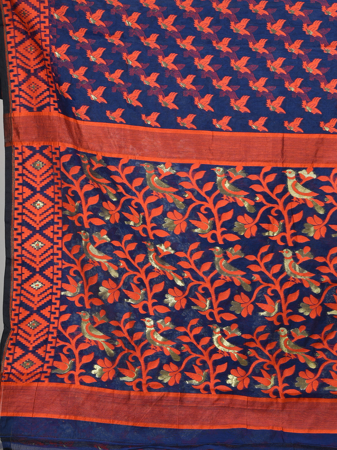 Women's Blue Silk Cotton Jamdani Saree-Sajasajo