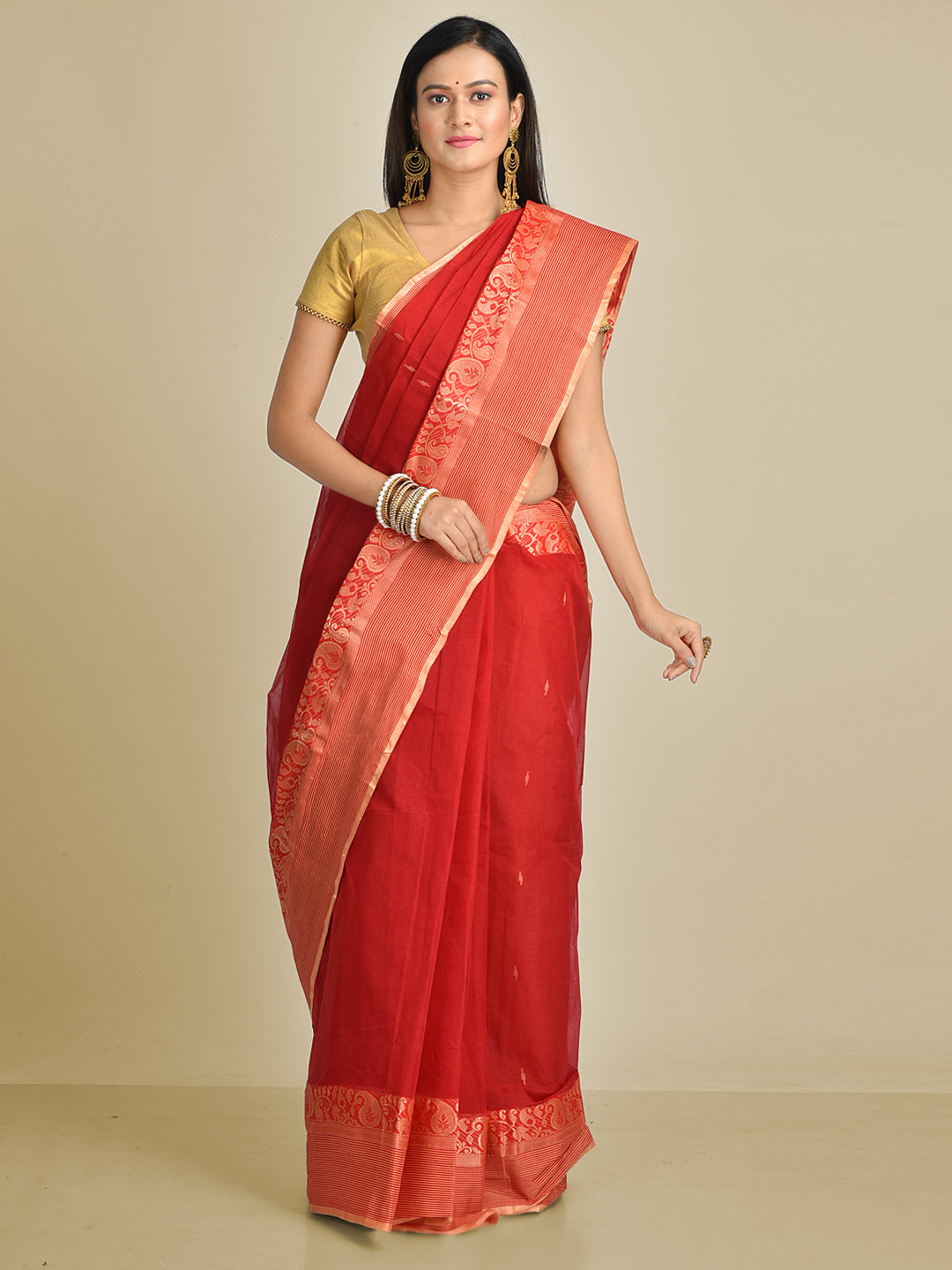 Women's Red Pure Cotton Hand woven Tant Tangaile Saree - Sajasajo