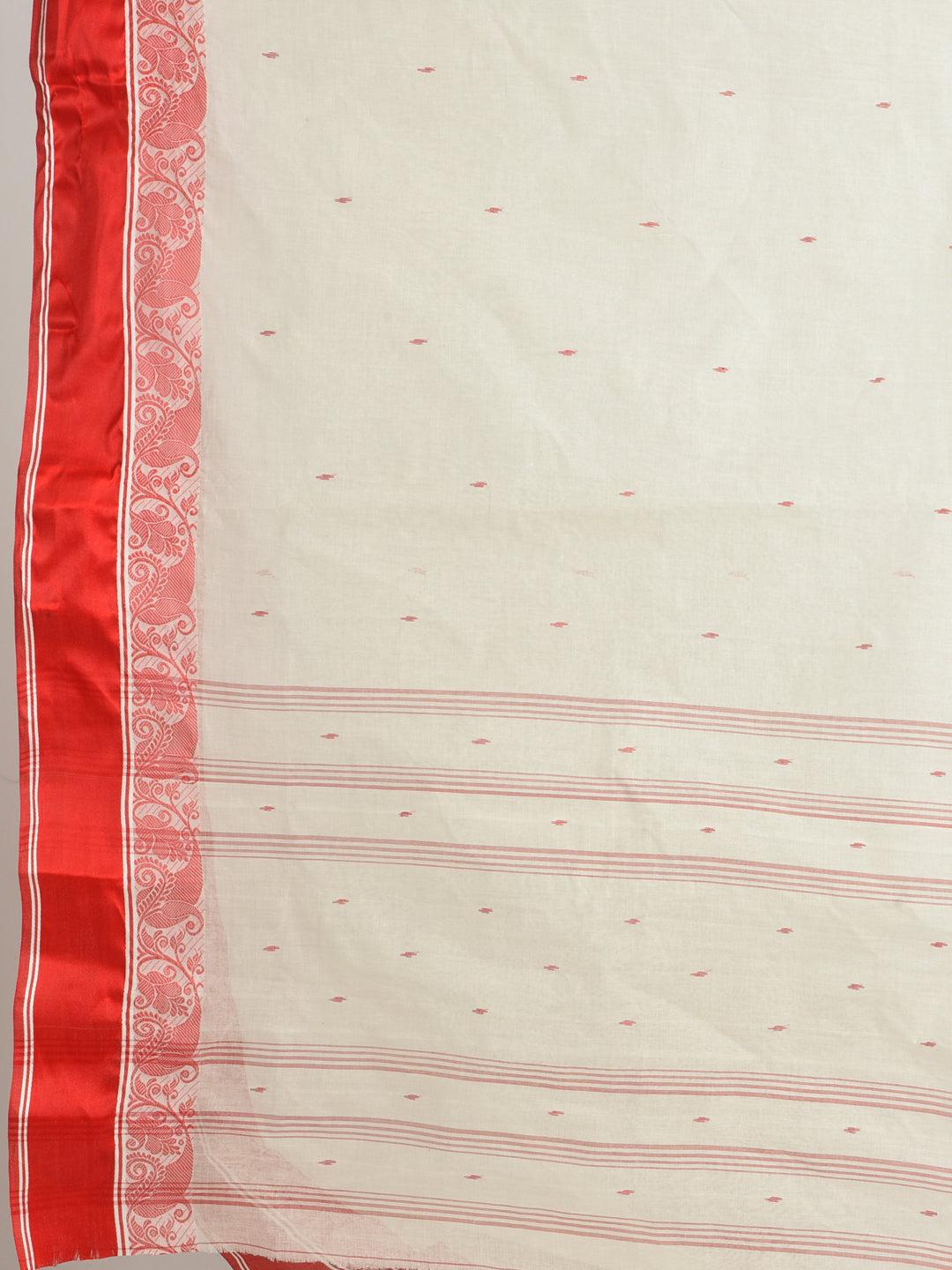 Women's Off White & Red Border Cotton Hand Woven Tant Tangaile Saree-Sajasajo