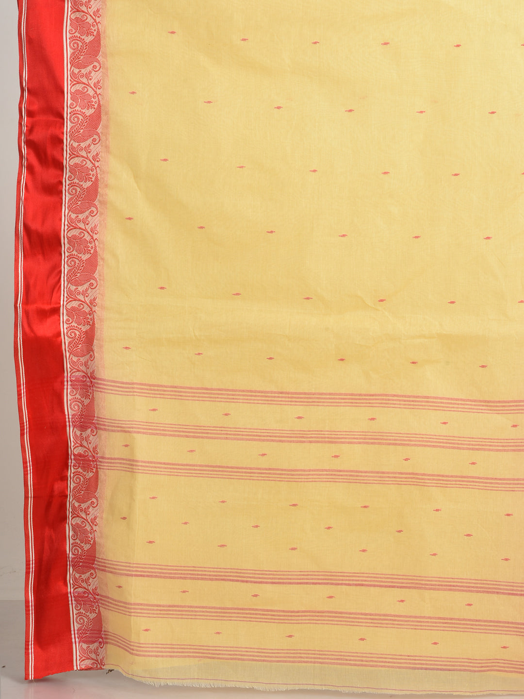 Women's Beige & Red Border Cotton Hand Woven Tant Tangaile Saree-Sajasajo
