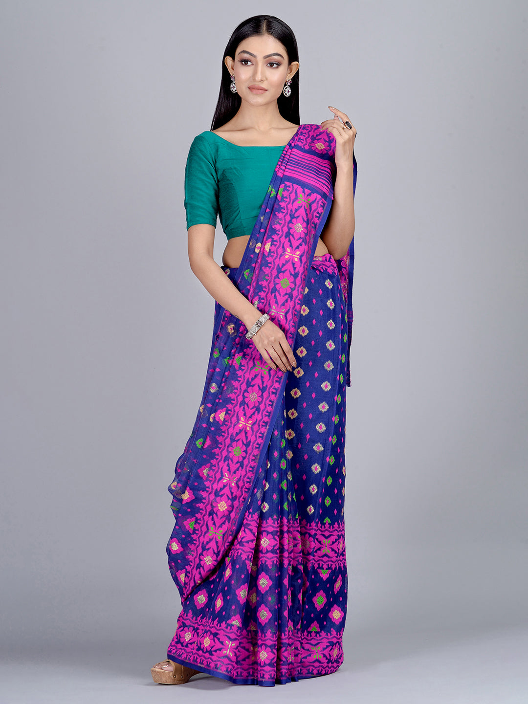 Women's Multi-Colour Hand Woven Blended Cotton Jamdani Saree Without Blouse-Sajasajo