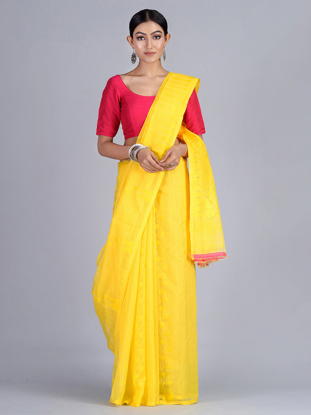 Women's Yellow Handloom Jamdani Saree - Sajasajo