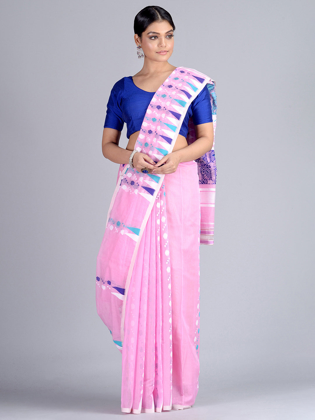 Women's Pink Handloom Jamdani Saree - Sajasajo