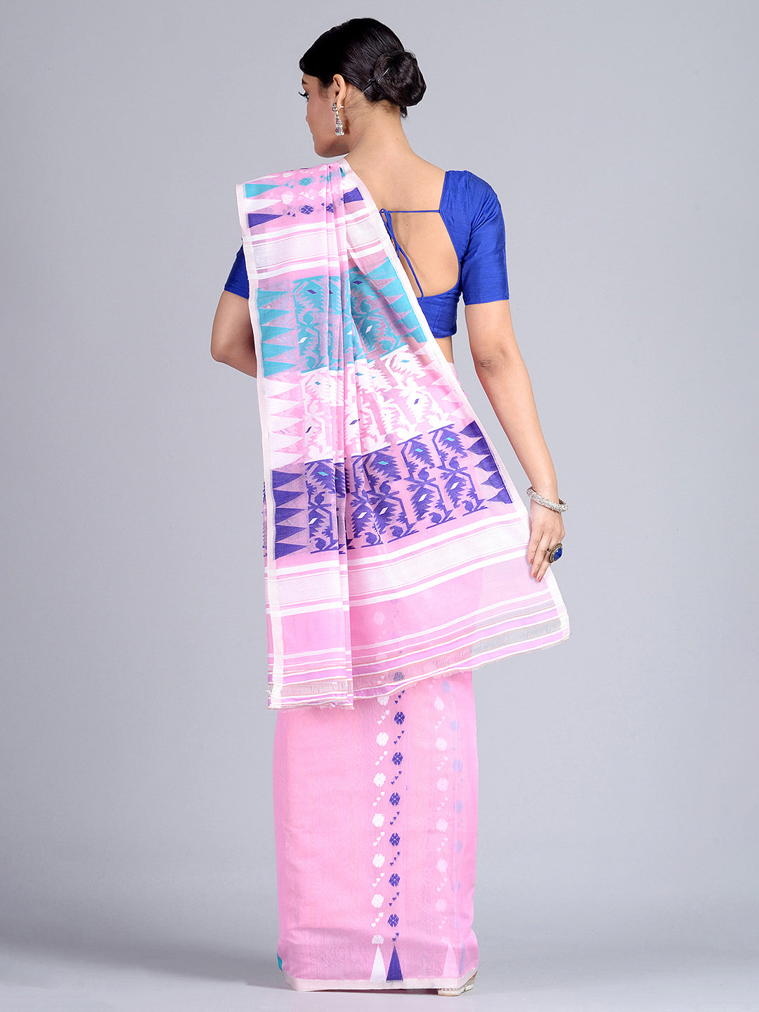 Women's Pink Handloom Jamdani Saree - Sajasajo