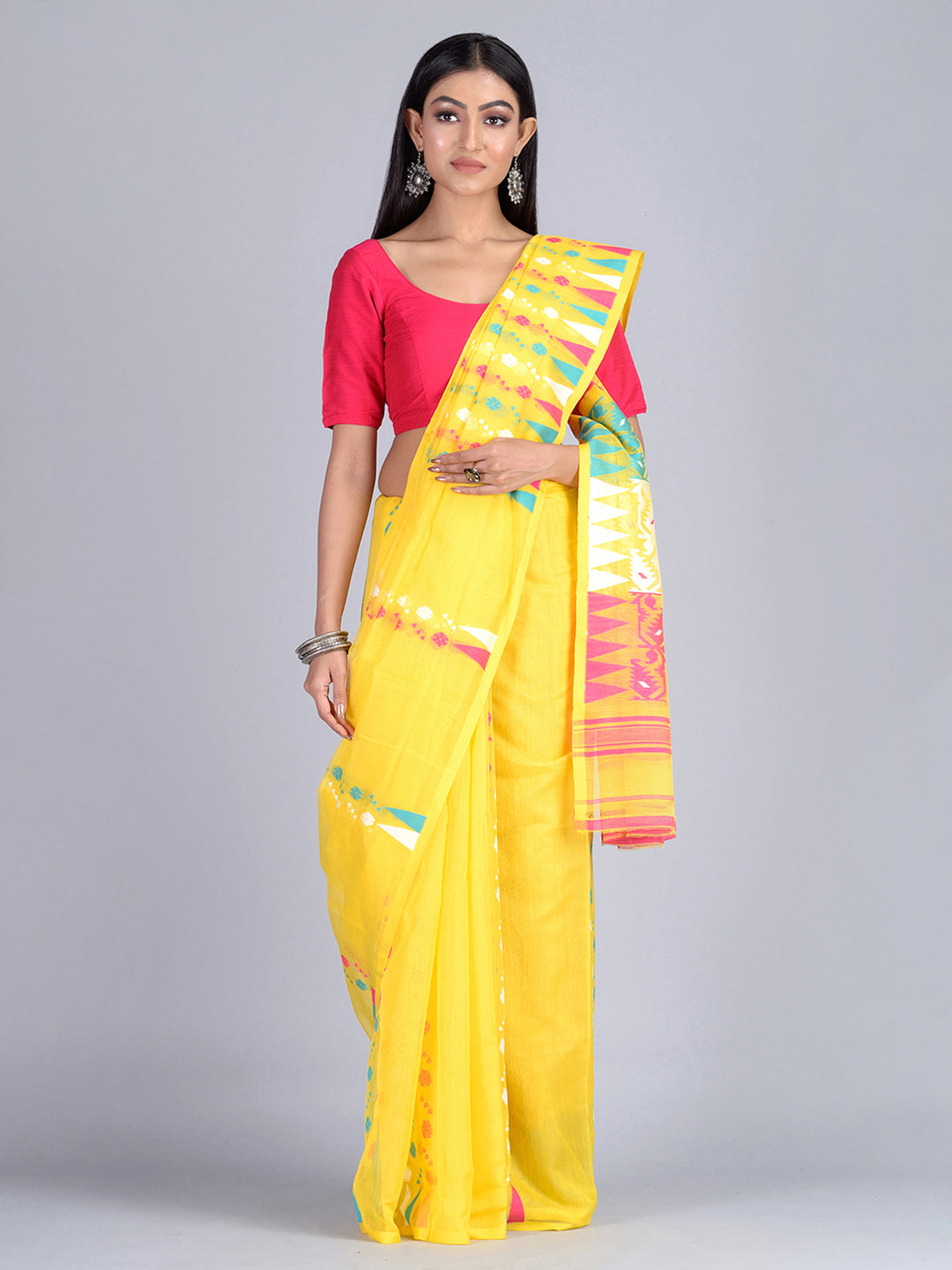 Women's Yellow With Muticolour Handloom Jamdani Saree - Sajasajo