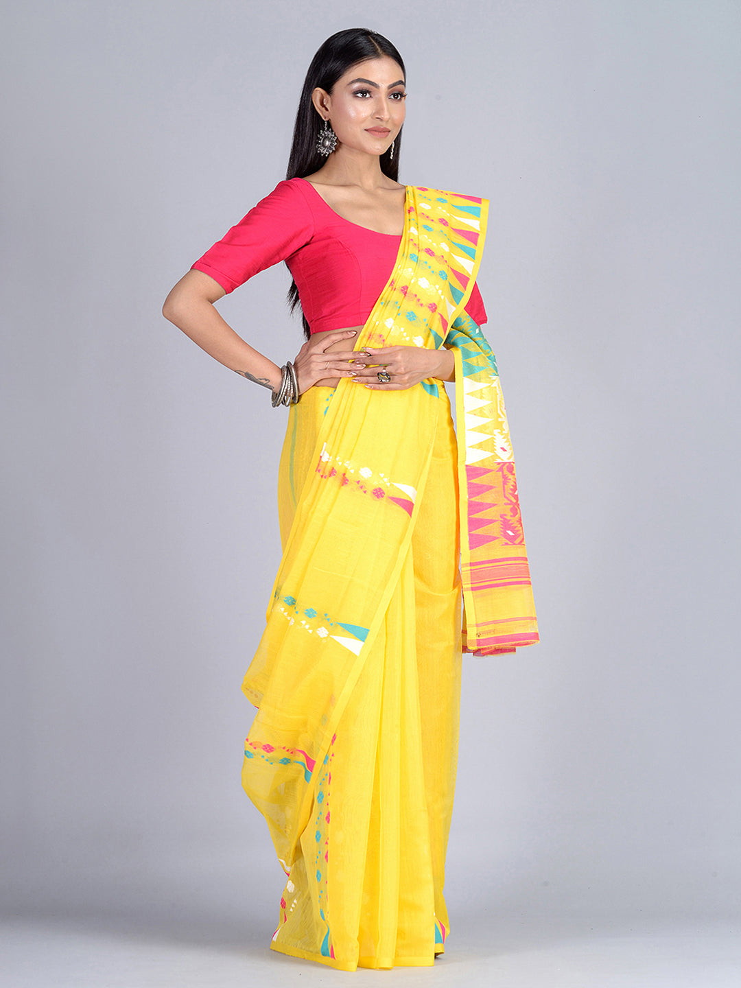 Women's Yellow With Muticolour Handloom Jamdani Saree - Sajasajo