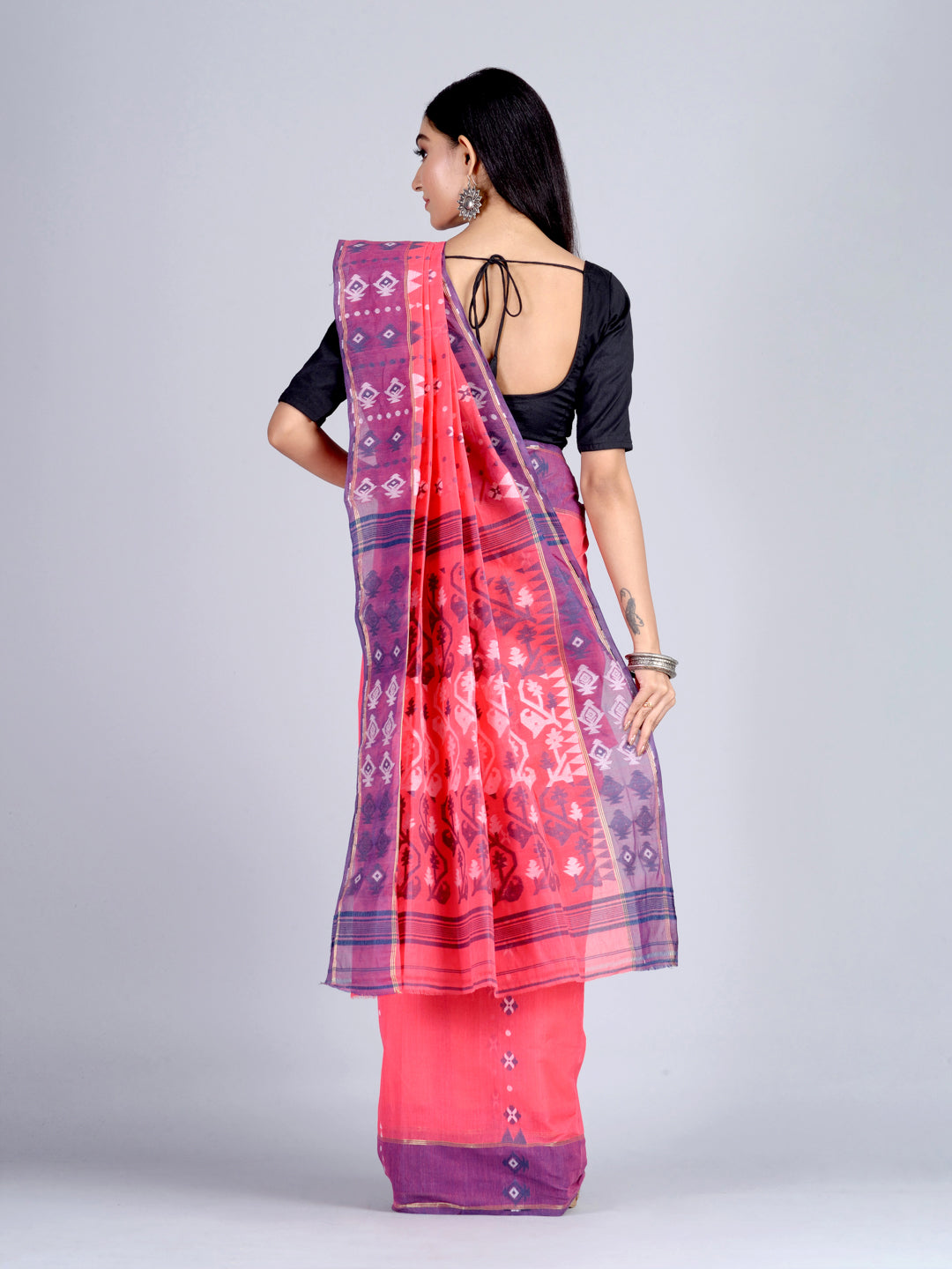 Women's Pink Bengal Cotton Hand Woven Tant Saree Without Blouse-Sajasajo