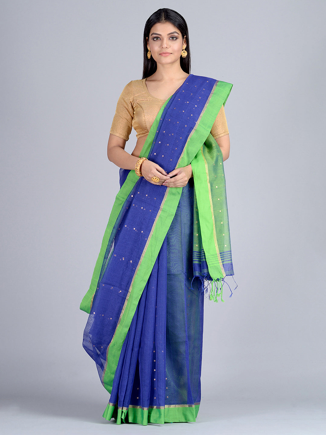 Women's Blue and Green Hand woven Pure Cotton saree with Sequin work - Sajasajo