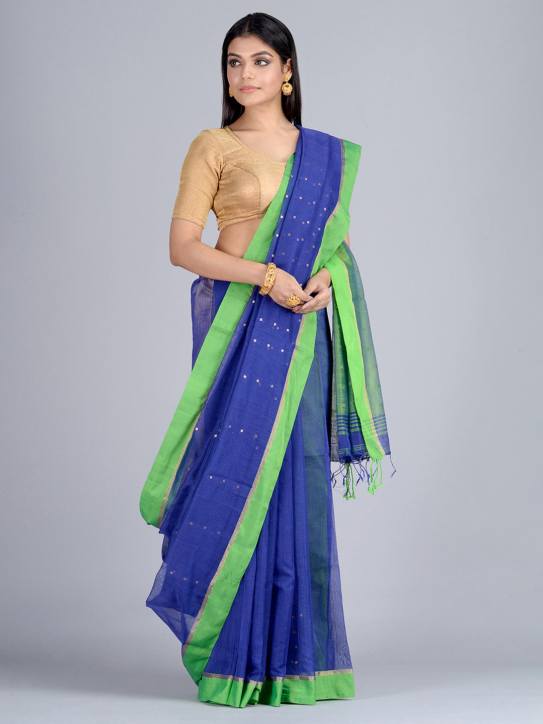 Women's Blue and Green Hand woven Pure Cotton saree with Sequin work - Sajasajo
