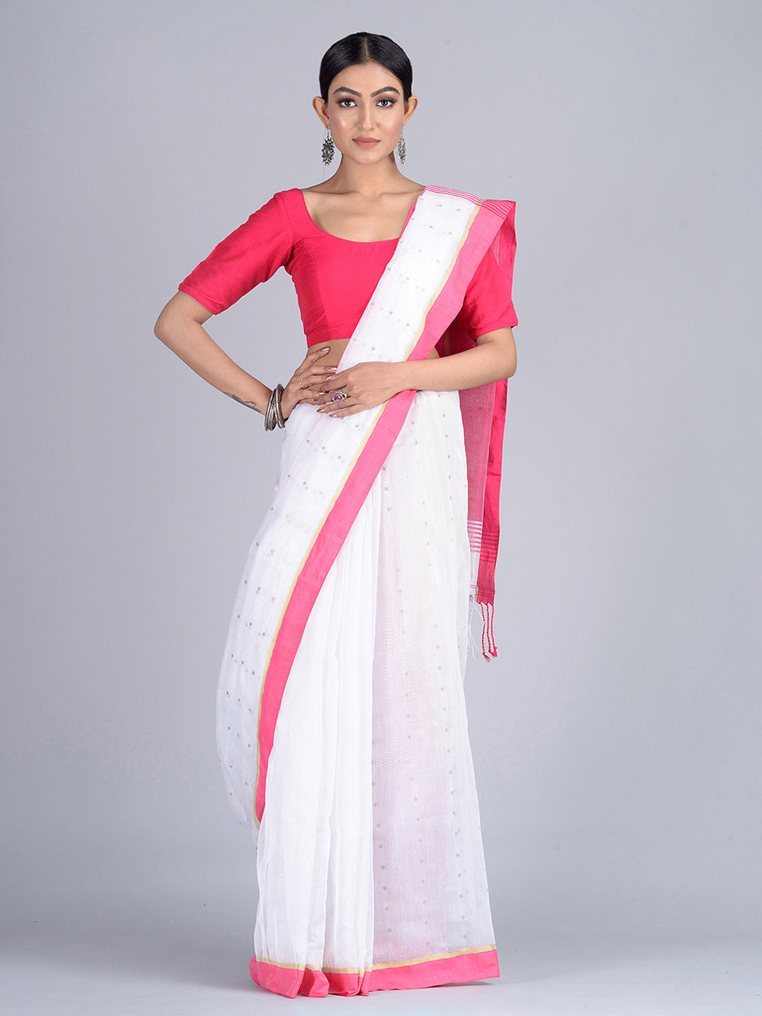 Women's White and Pink Hand woven Pure Cotton saree - Sajasajo