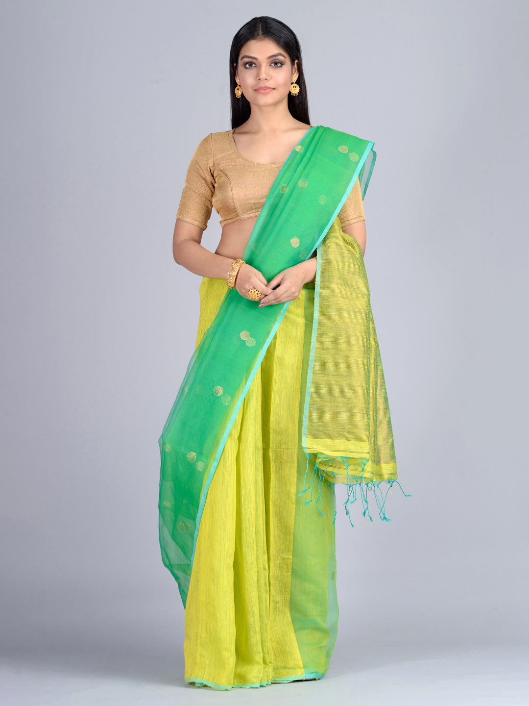 Women's Yellow & Green Silk Cotton Handloom Saree with Unstitched Blouse-Sajasajo