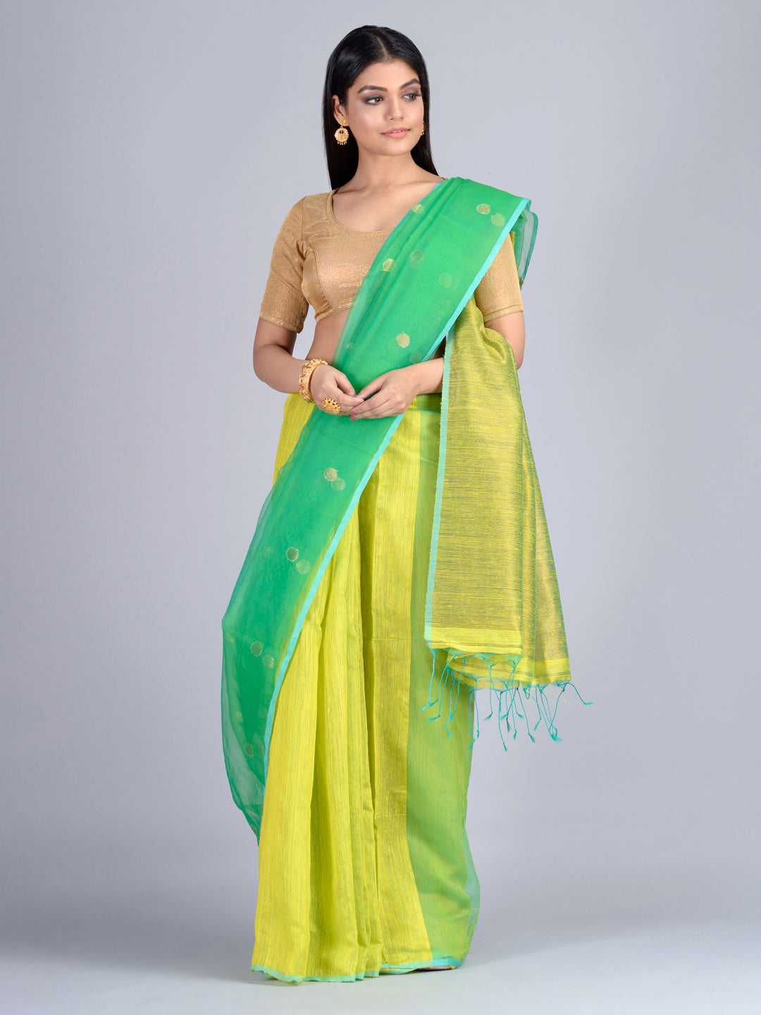 Women's Yellow & Green Silk Cotton Handloom Saree with Unstitched Blouse-Sajasajo