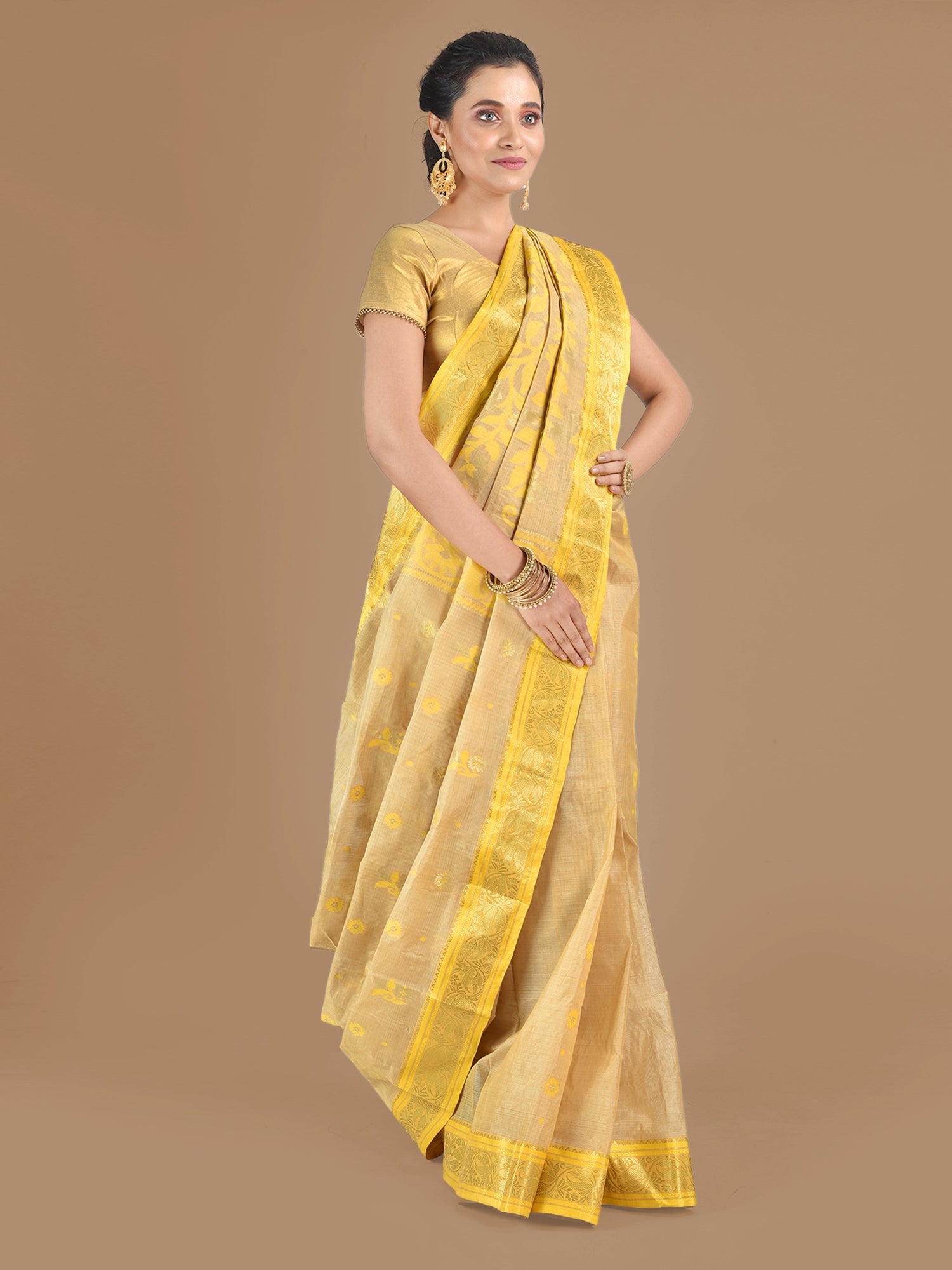 Women's Yellow Hand Woven Tussar Silk Saree-Sajasajo