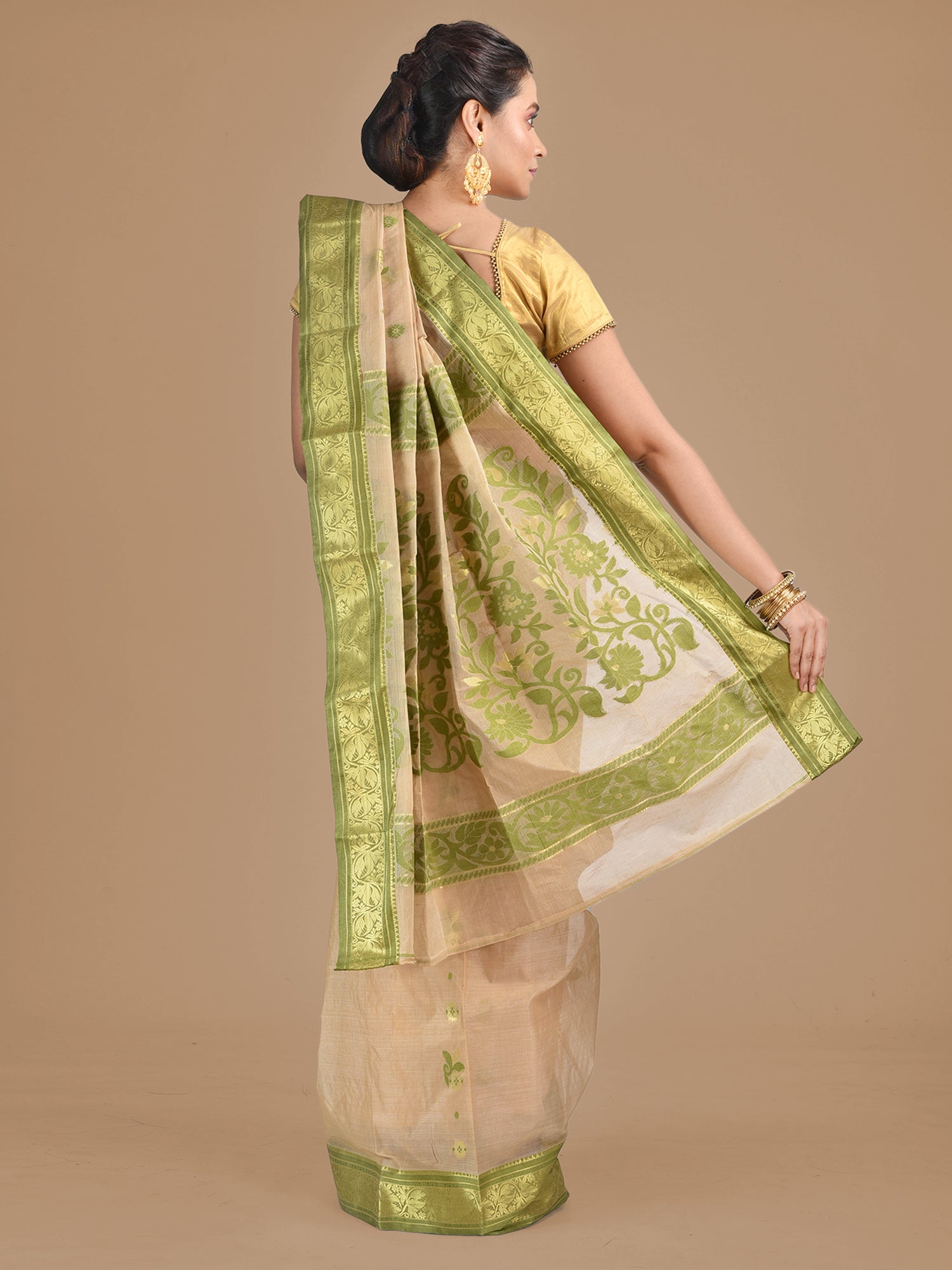 Women's Beige with Green Tusser Cotton fine quality Hand woven saree - Sajasajo