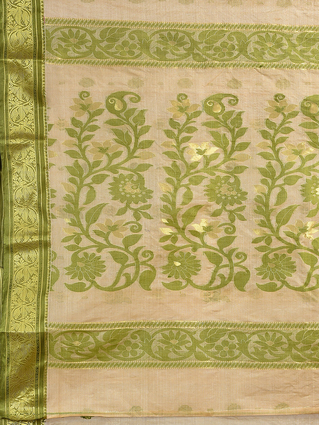 Women's Beige with Green Tusser Cotton fine quality Hand woven saree - Sajasajo