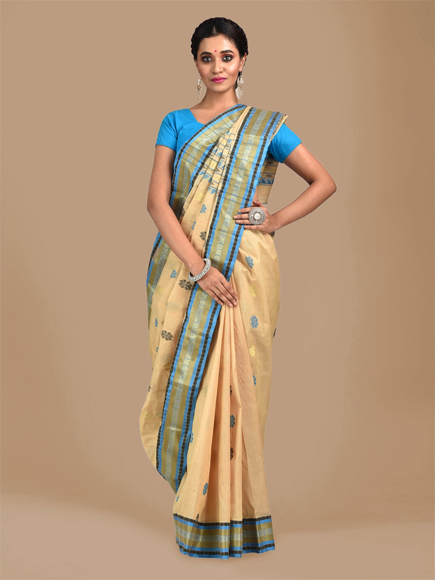 Women's Beige with Blue Tusser Cotton fine quality Hand woven saree - Sajasajo