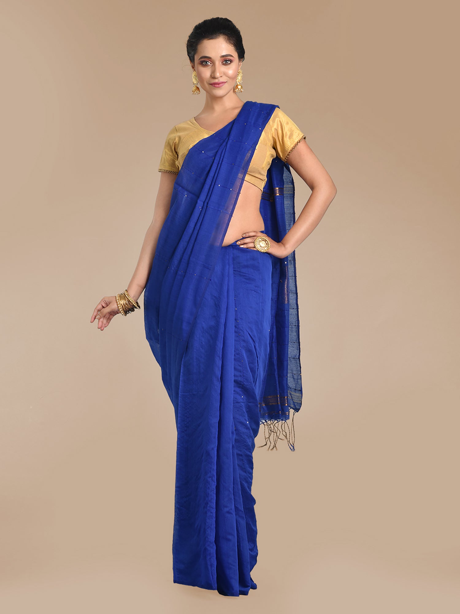Women's Blue Blended Cotton Hand woven Saree with sequin work - Sajasajo