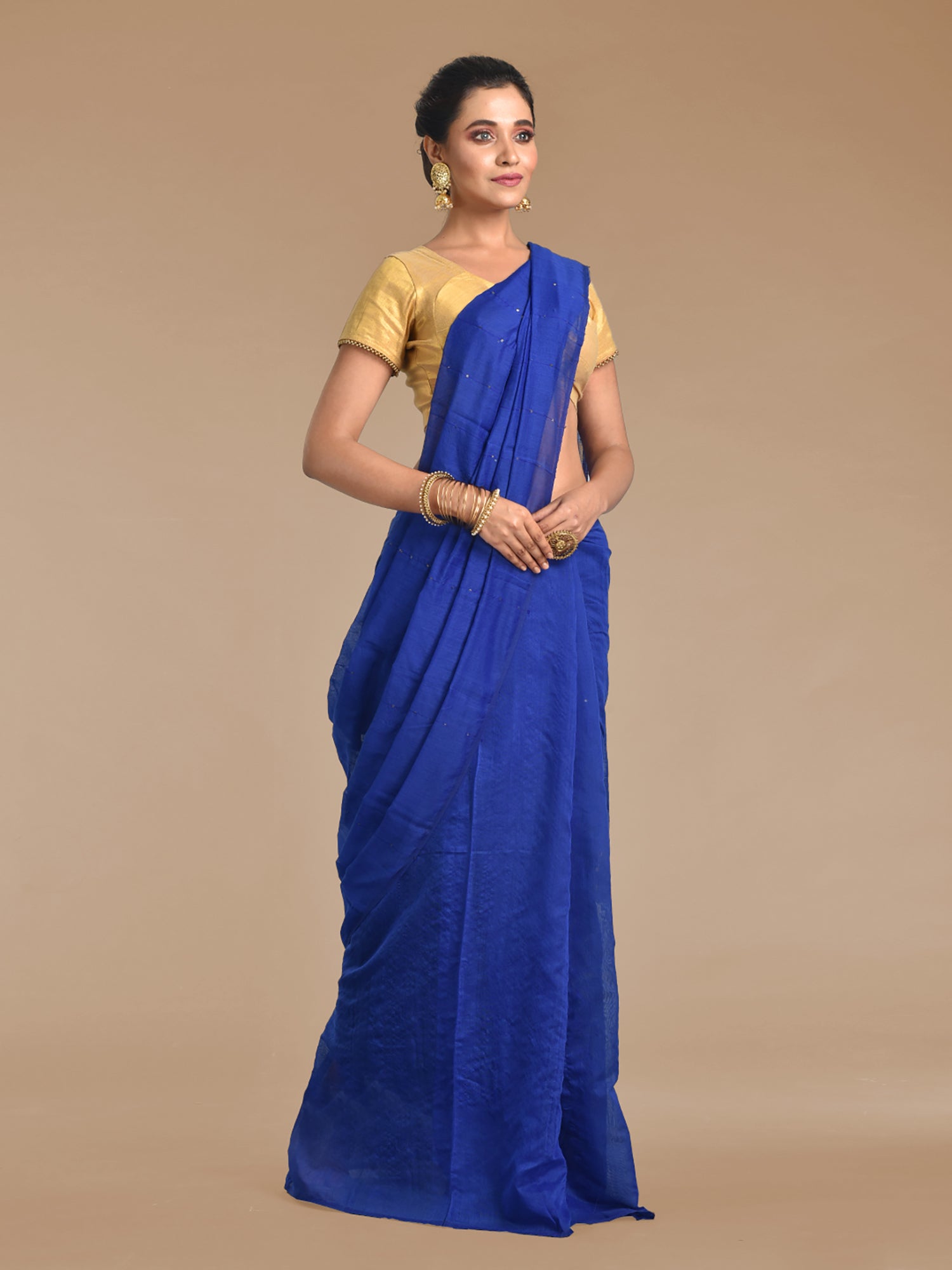 Women's Navy Blue Blended Cotton Hand woven Saree with sequin work - Sajasajo