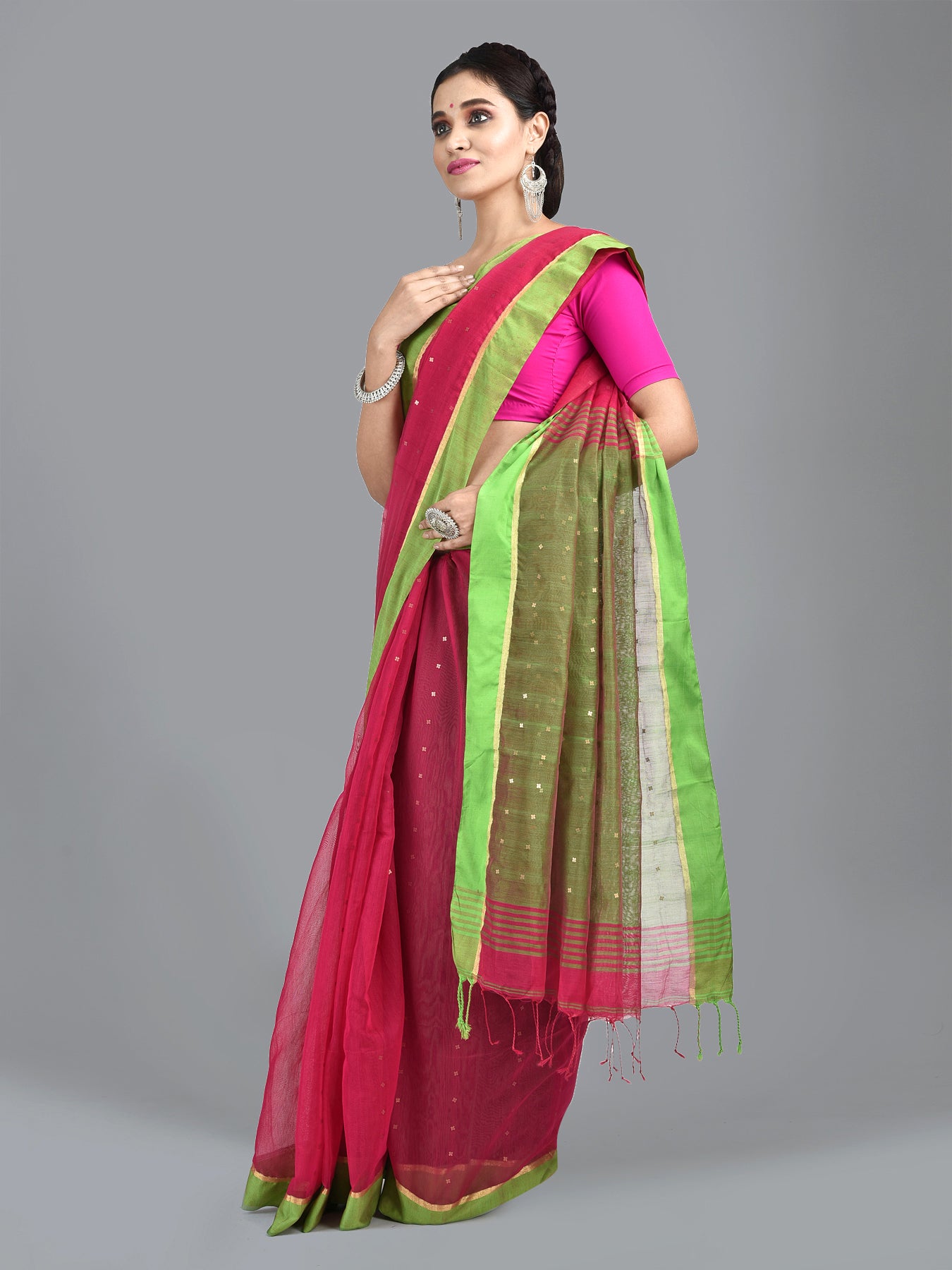 Women's Pink and Green border Blended Cotton Hand woven saree with sequin work - Sajasajo