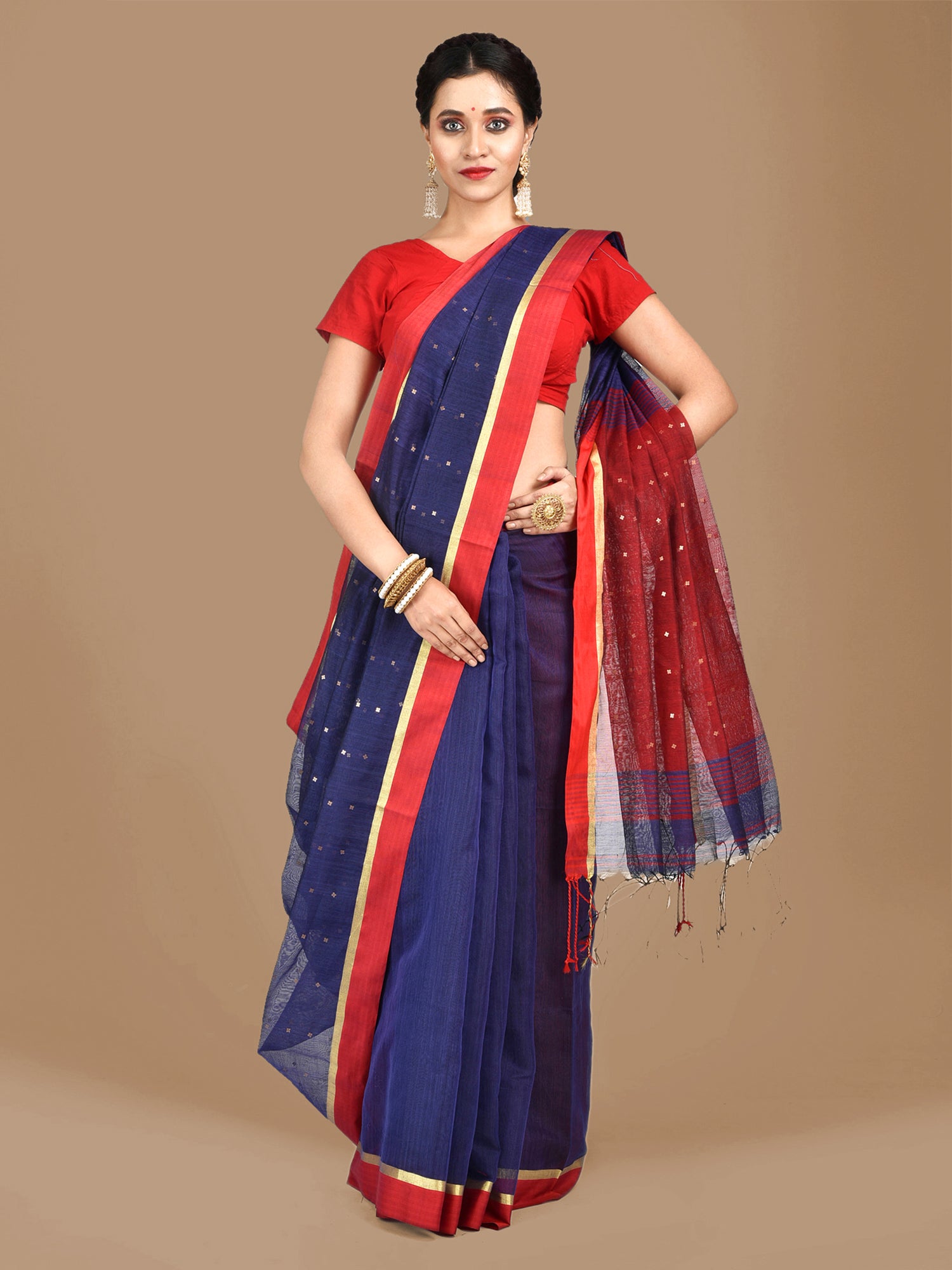 Women's Blue and Red border Blended Cotton Hand woven saree with sequin work - Sajasajo