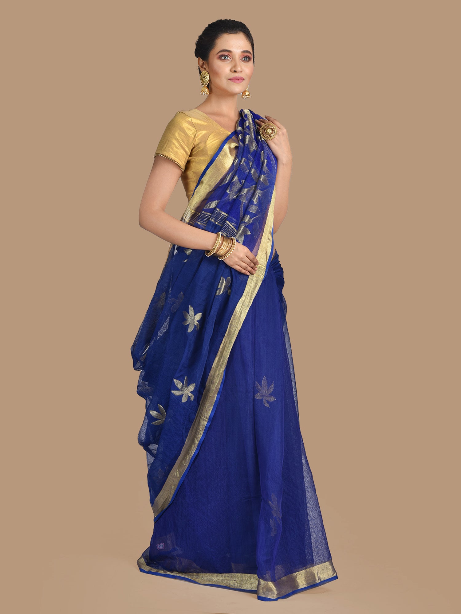 Women's Blue Blended Cotton Hand Woven Zari Work Saree With Unstitched Blouse-Sajasajo