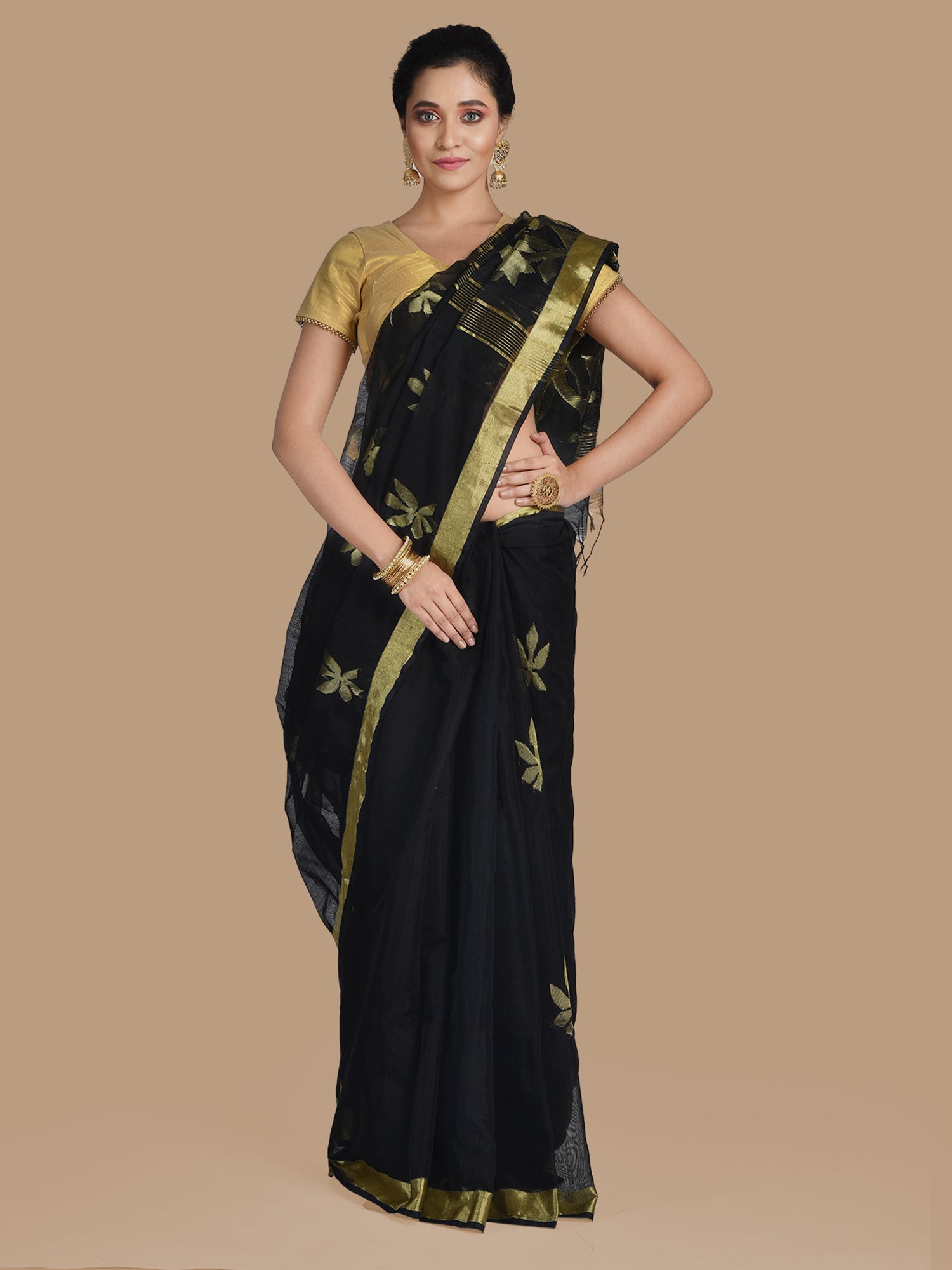 Women's Black Blended Cotton Hand Woven Zari Work Saree With Unstitched Blouse-Sajasajo