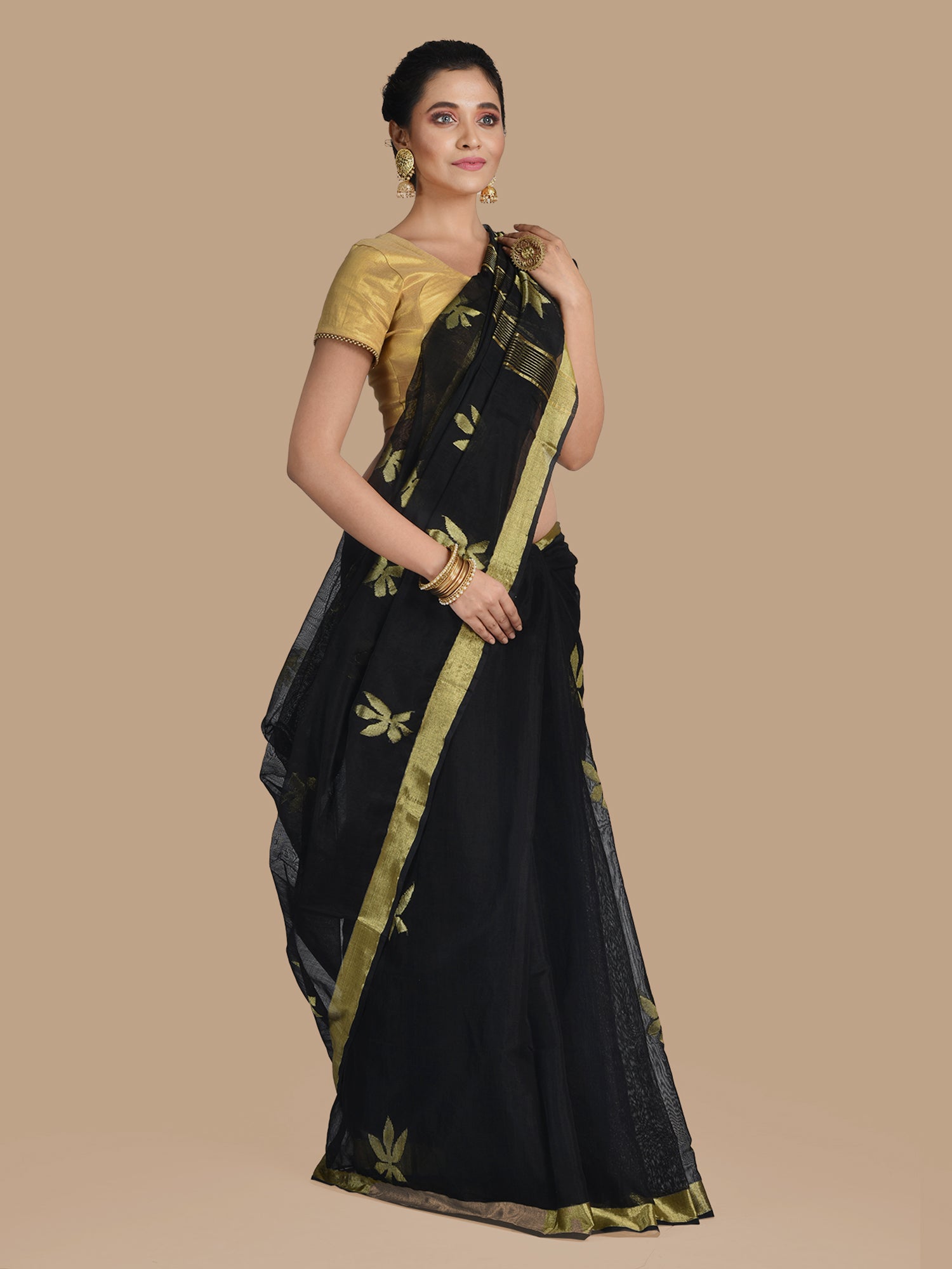 Women's Black Blended Cotton Hand Woven Zari Work Saree With Unstitched Blouse-Sajasajo