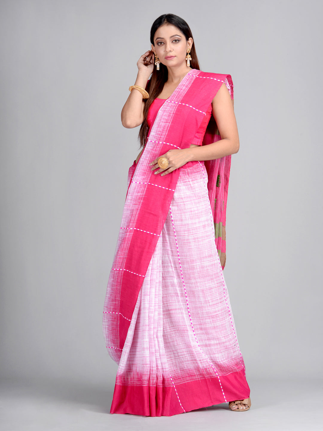 Women's Multi-Color Handwoven Cotton Saree With Unstitched Blouse-Sajasajo