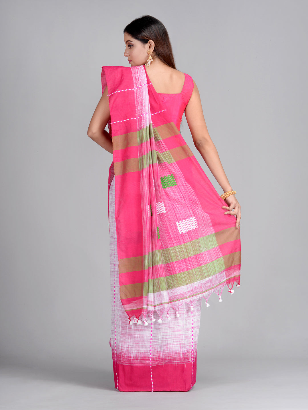 Women's Multi-Color Handwoven Cotton Saree With Unstitched Blouse-Sajasajo