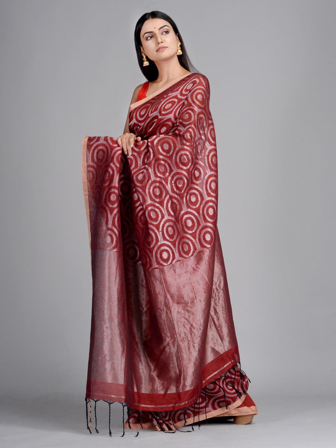 Women's Maroon Hand Woven Cotton Linen Designer Saree With Unstitched Blouse-Sajasajo
