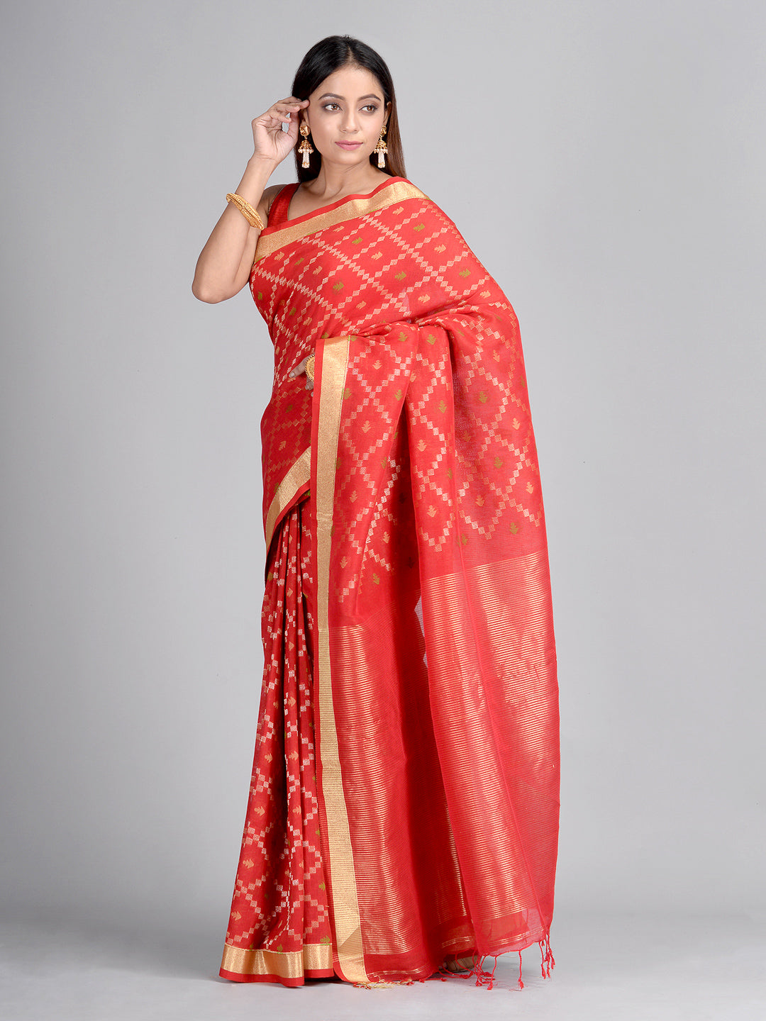 Women's Red Hand Woven Cotton Linen Designer Saree With Unstitched Blouse-Sajasajo