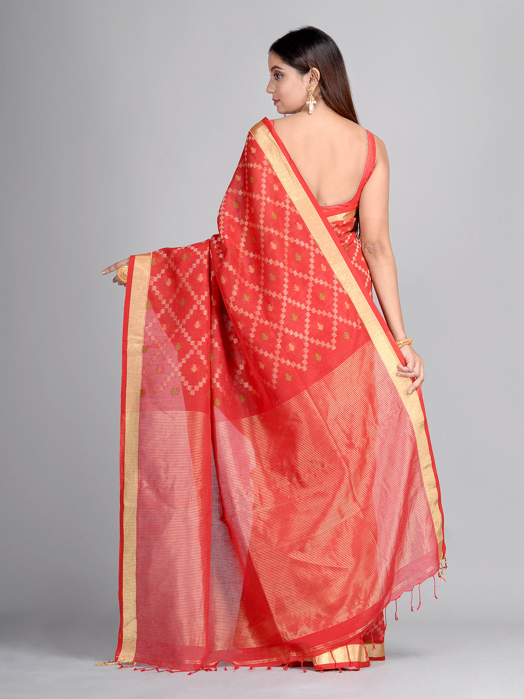 Women's Red Hand Woven Cotton Linen Designer Saree With Unstitched Blouse-Sajasajo