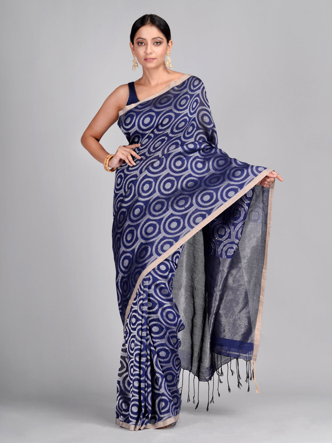 Women's Blue Hand Woven Cotton Linen Designer Saree - Sajasajo