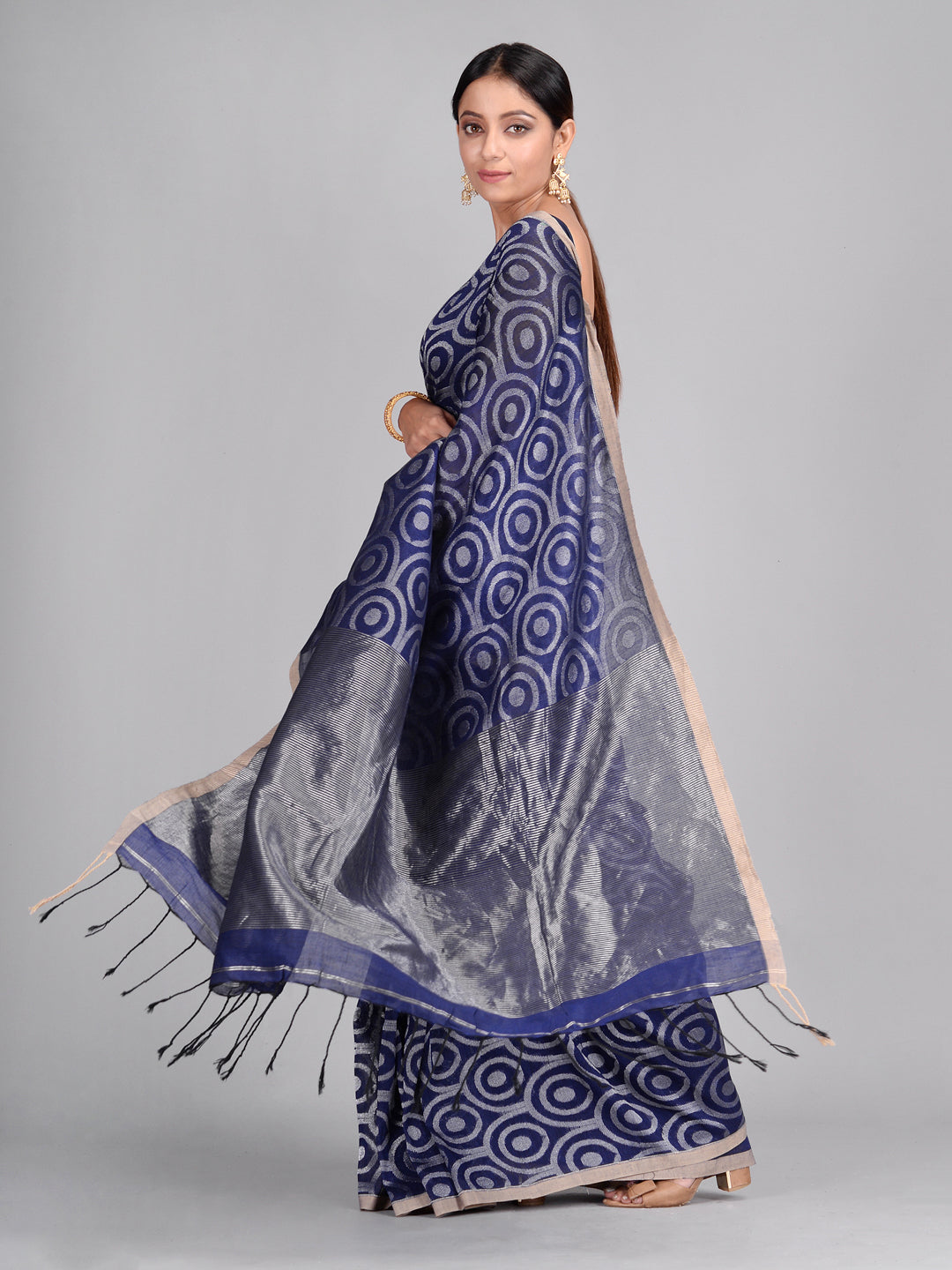 Women's Blue Hand Woven Cotton Linen Designer Saree - Sajasajo