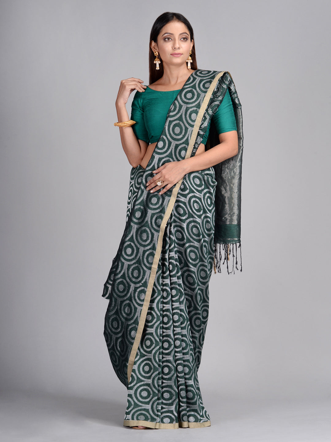 Women's Bottle Green Hand Woven Cotton Linen Designer Saree - Sajasajo