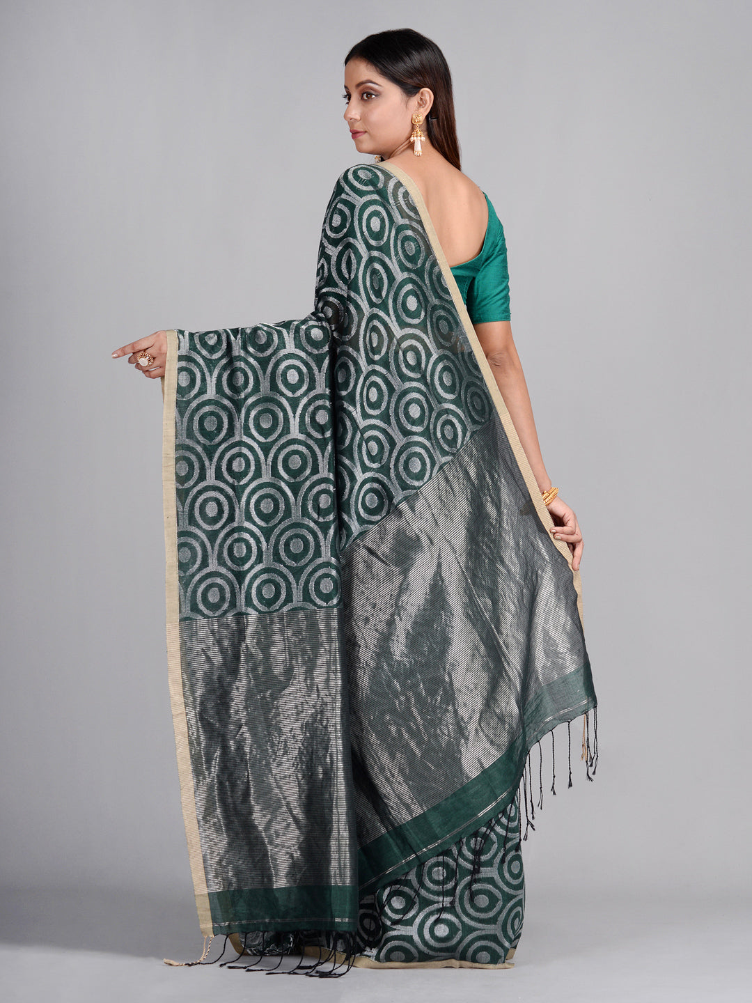 Women's Bottle Green Hand Woven Cotton Linen Designer Saree - Sajasajo