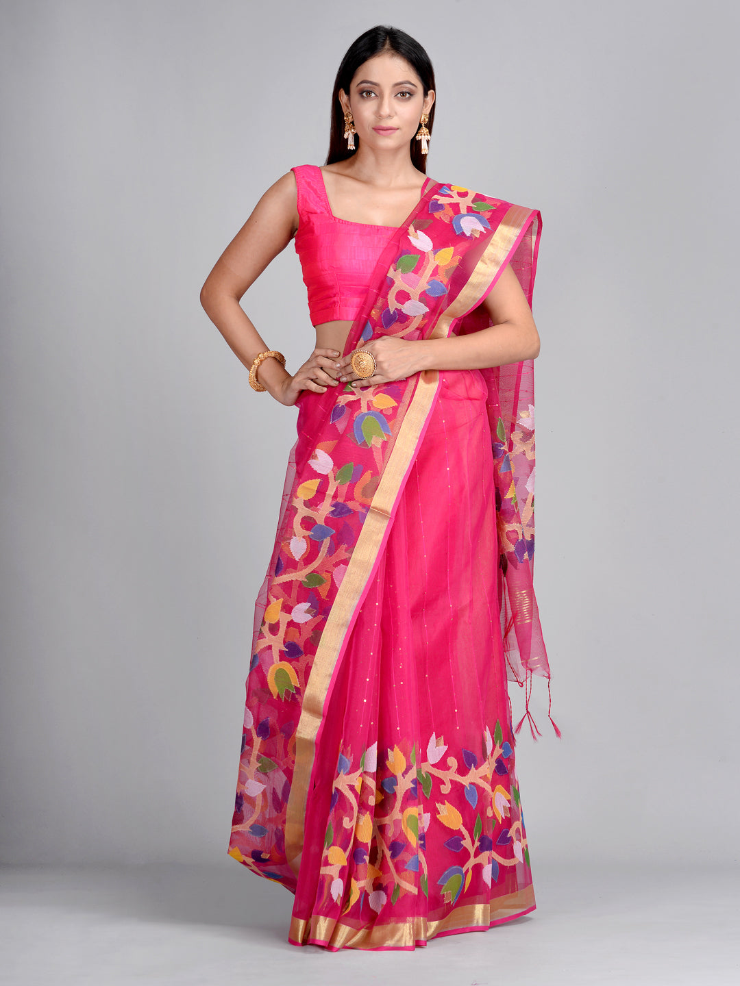 Women's Pink Silk Cotton Hand Woven Saree with Jamdani work in pallu - Sajasajo