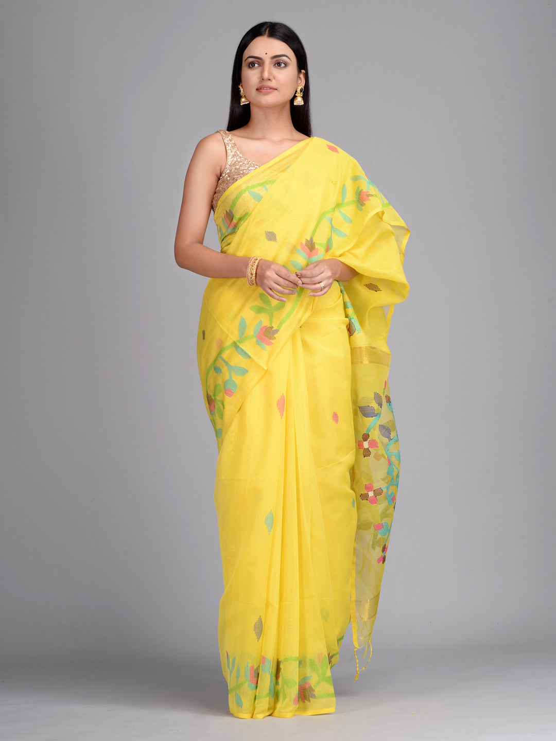 Women's Yellow Silk Cotton Hand Woven Saree With Jamdani Work In Pallu And Unstitched Blouse-Sajasajo