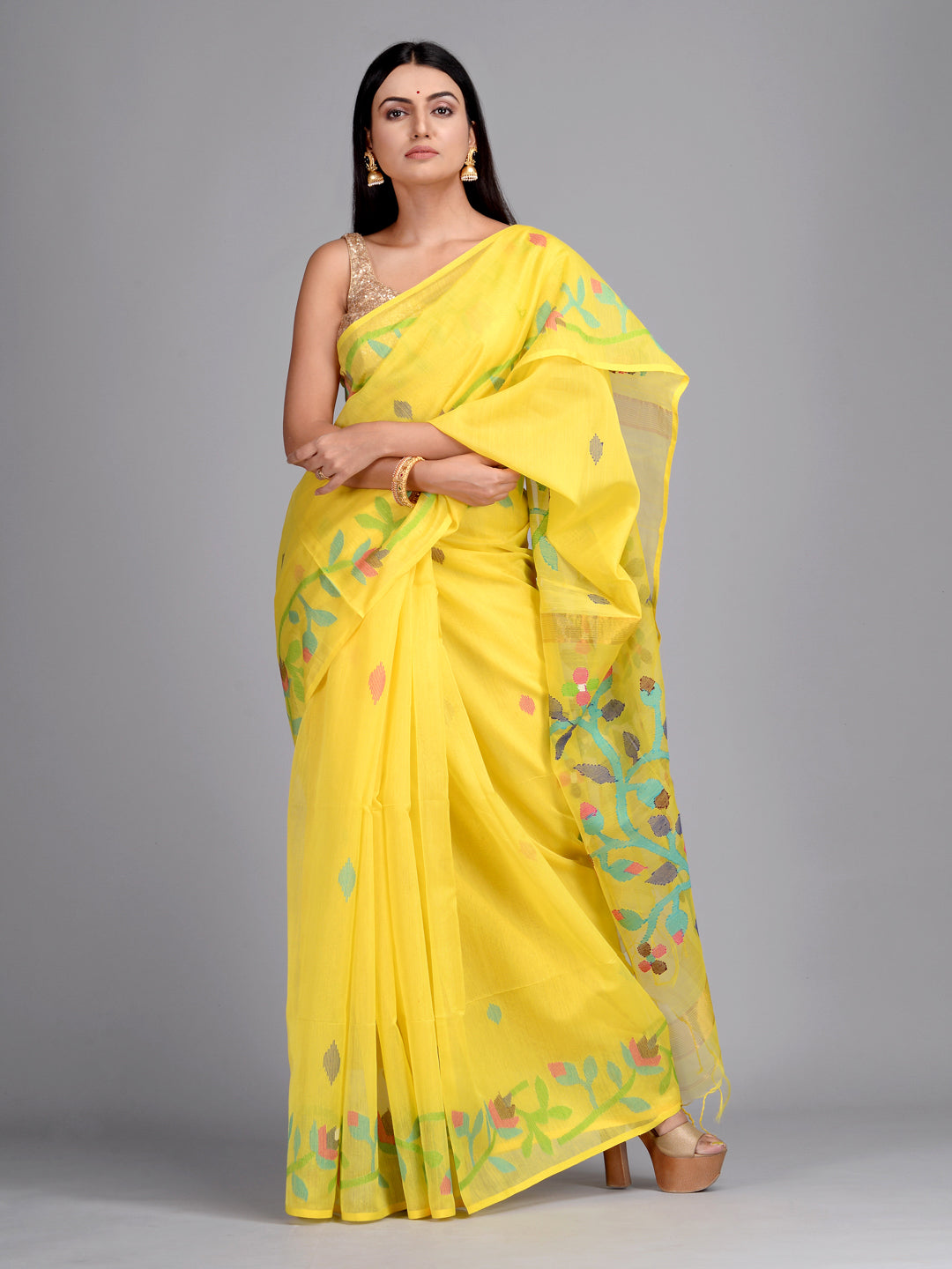 Women's Yellow Silk Cotton Hand Woven Saree With Jamdani Work In Pallu And Unstitched Blouse-Sajasajo