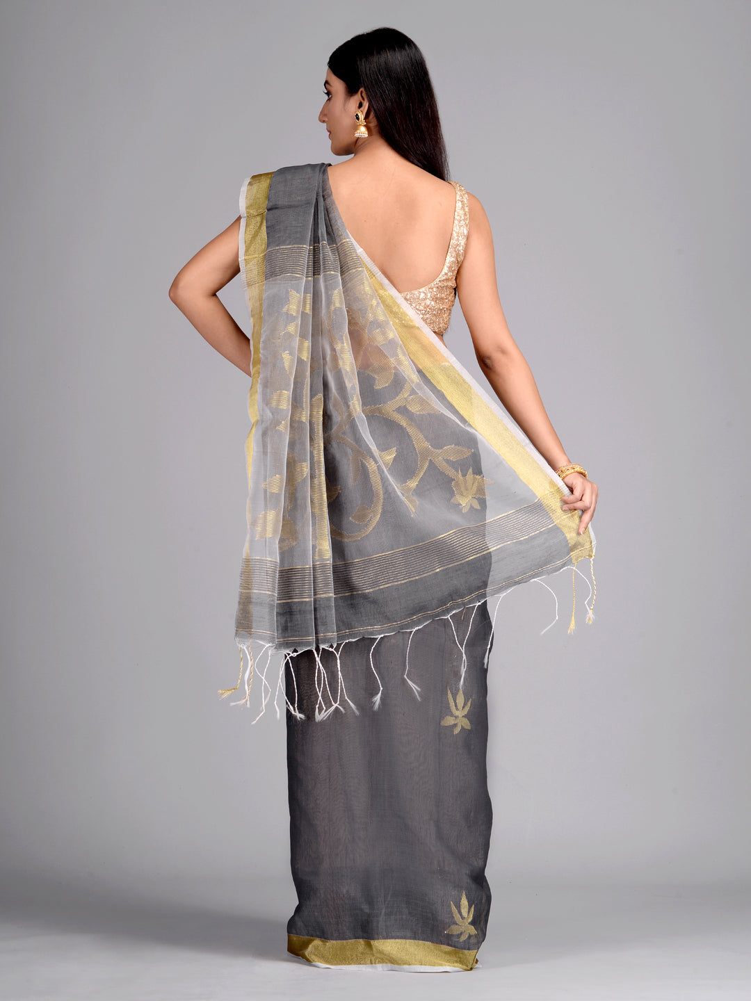Women's Metallic Silk Cotton Hand Woven Saree with Jamdani work in pallu - Sajasajo