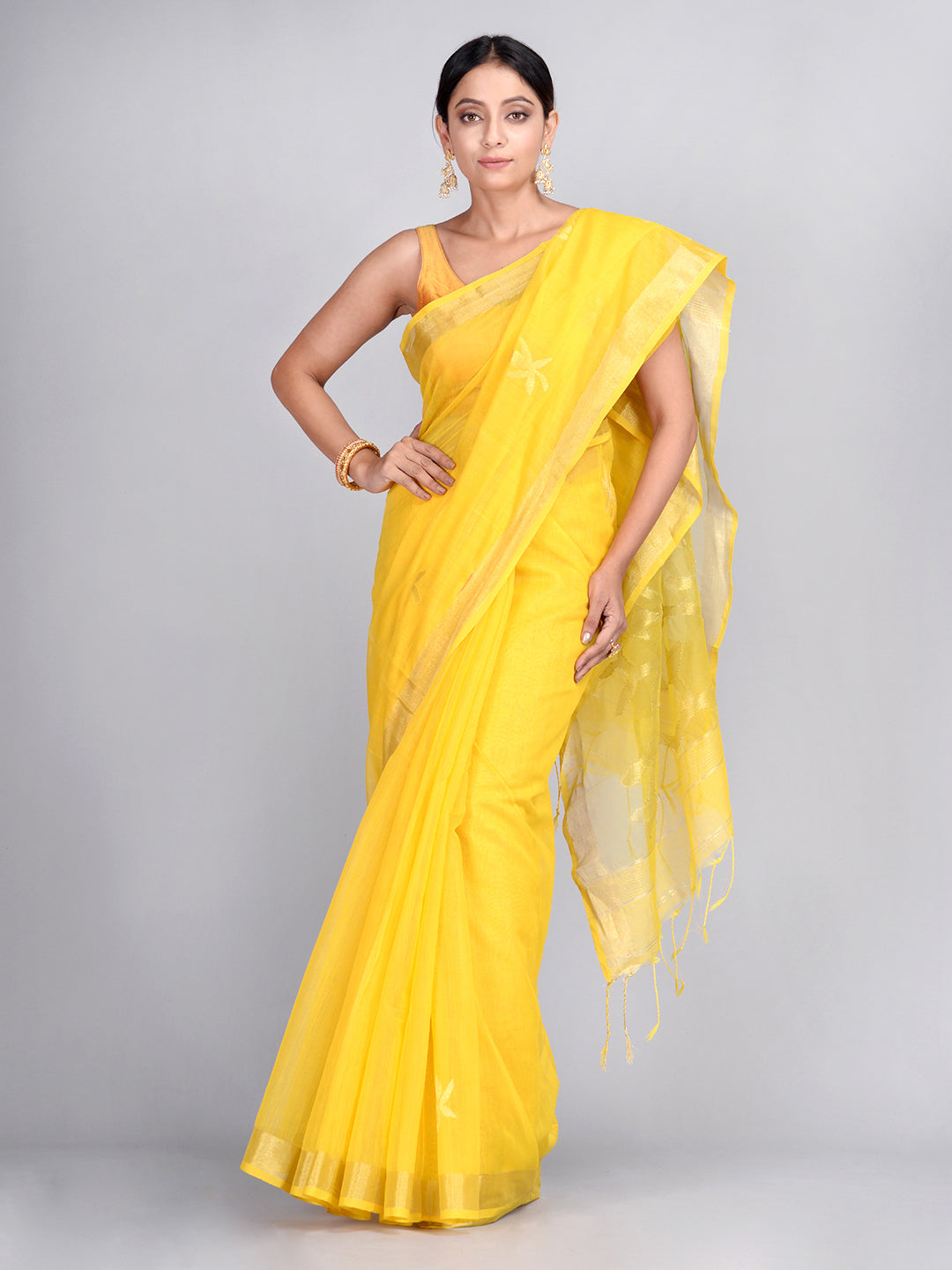 Women's Yellow Silk Cotton Hand Woven Saree With Unstitched Blouse-Sajasajo