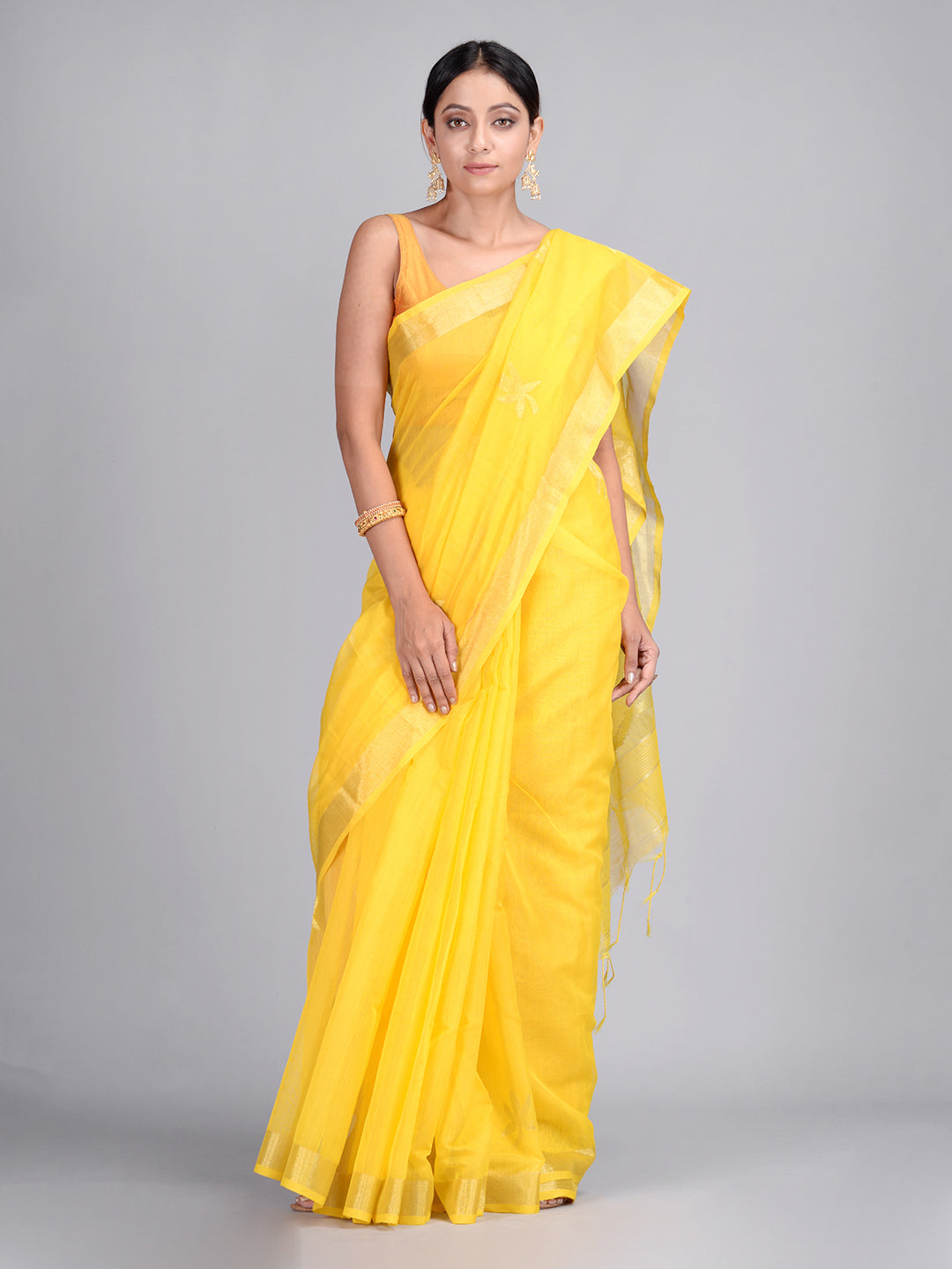 Women's Yellow Silk Cotton Hand Woven Saree With Unstitched Blouse-Sajasajo